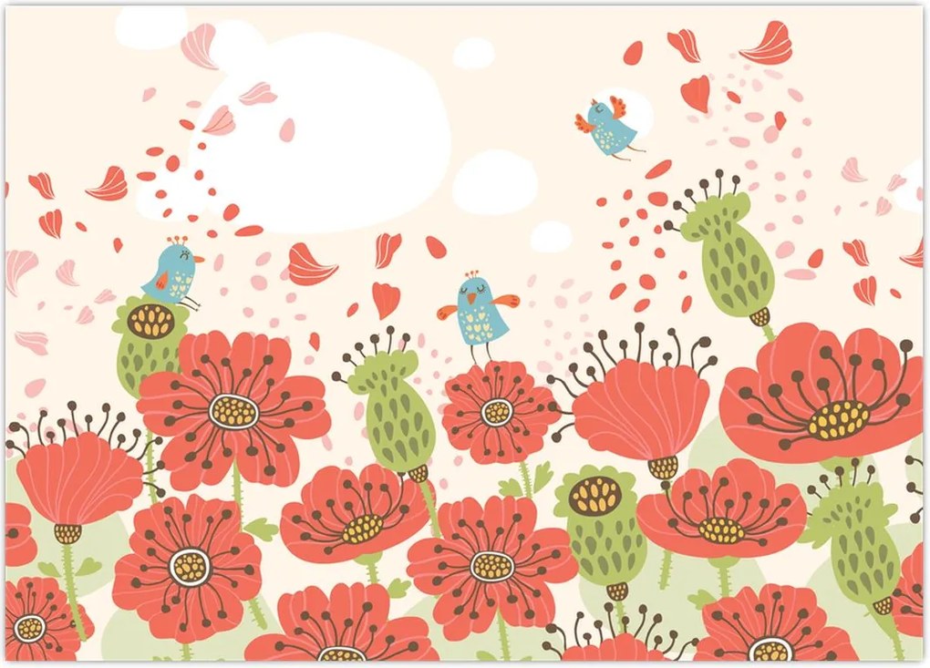 Tablou - Păsări pe o pajiște înflorită (70x50 cm)