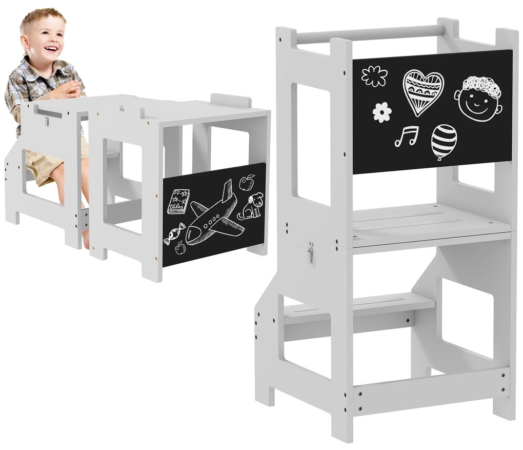 HOMCOM Turn de observație pentru copii turn de învățare 3 în 1 bară borduri înalte de siguranță și tablă neagră 42x44x86cm gri | Aosom Romania