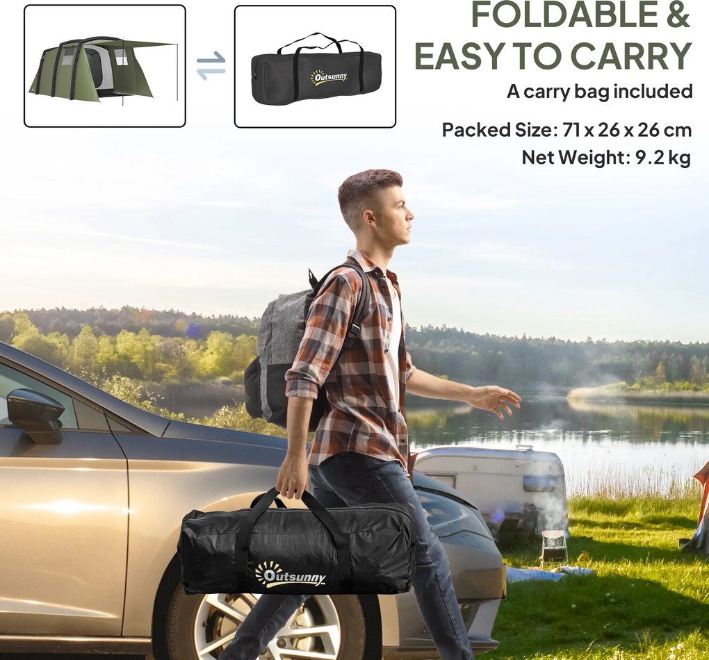 Outsunny Cort Gonflabil Tip Tunel pentru 3-6 Persoane cu Pridvor, Ferestre din Plasă și Husă, Impermeabil, Verde Măsliniu | Aosom Romania