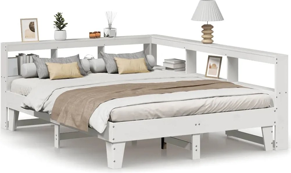 vidaXL Pat cu bibliotecă fără saltea, alb, 160x200 cm, lemn masiv pin