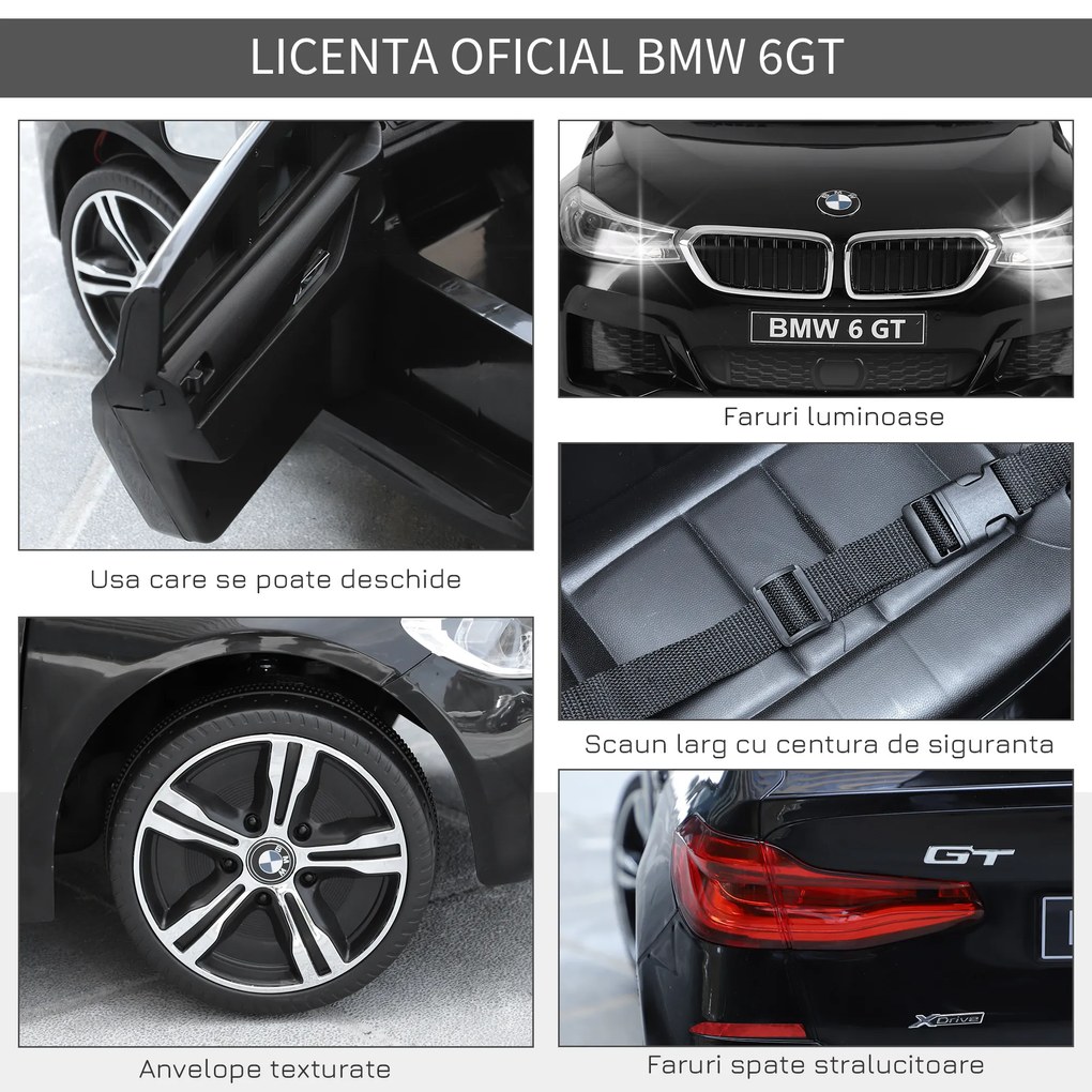 BMW Mașină Electrică 6V cu Telecomandă HOMCOM, Neagră, pentru Copii, Design Sportiv și Funcții Interactive | Aosom Romania