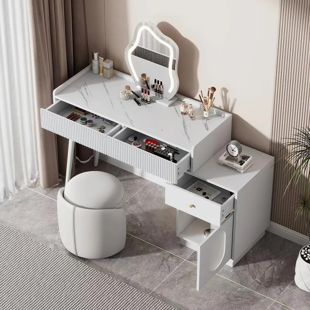 Set Masa toaleta alba, 100 cm cosmetica machiaj, oglinda cu LED, masuta vanity cu Riflaj - SEA490