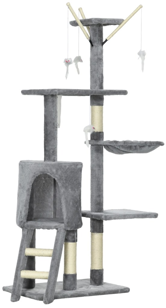 PawHut Turelă pentru pisici cu căsuță, stâlp de ascuțit gheare, platforme și 4 șoricei, din lemn, pluș și sisal, 50x35x134.2 cm, gri | Aosom Romania