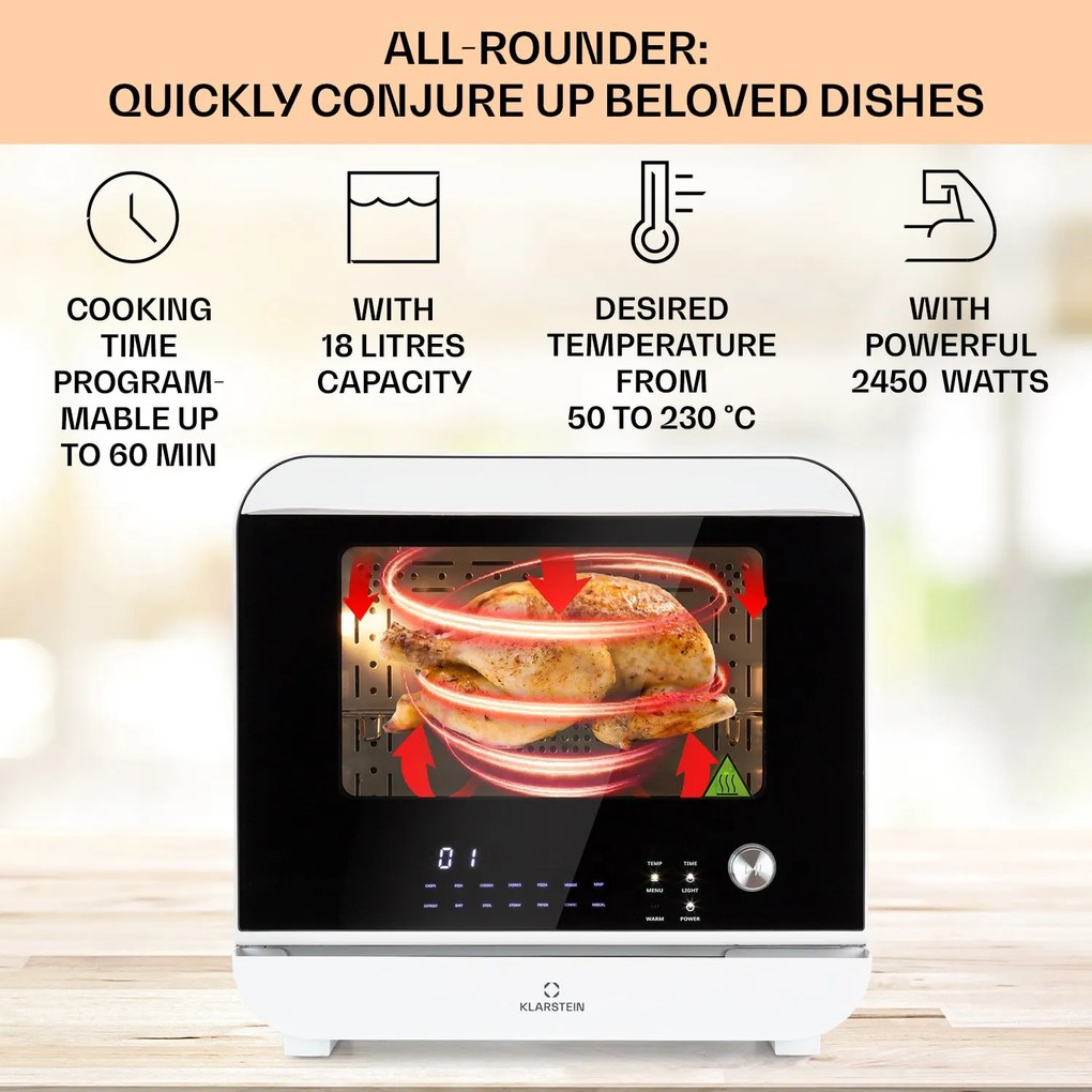 Klarstein Vita Pro, friteuză cu aer cald cu gătit cu aburi, 2450 W, 18 litri, 14 programe, rezervor de apă de 800 ml