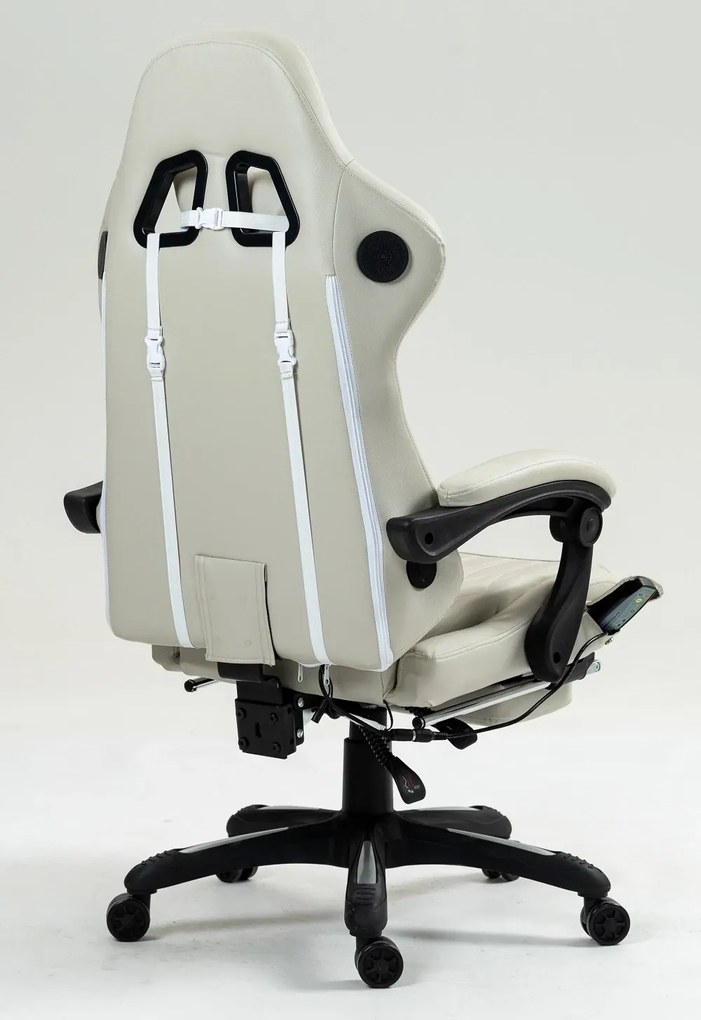 RESIGILAT- Scaun gaming, Masaj in 7 puncte, Boxe Bluetooth, funcție șezlong, 90-155 grade, suport picioare, PU, Alb Crem