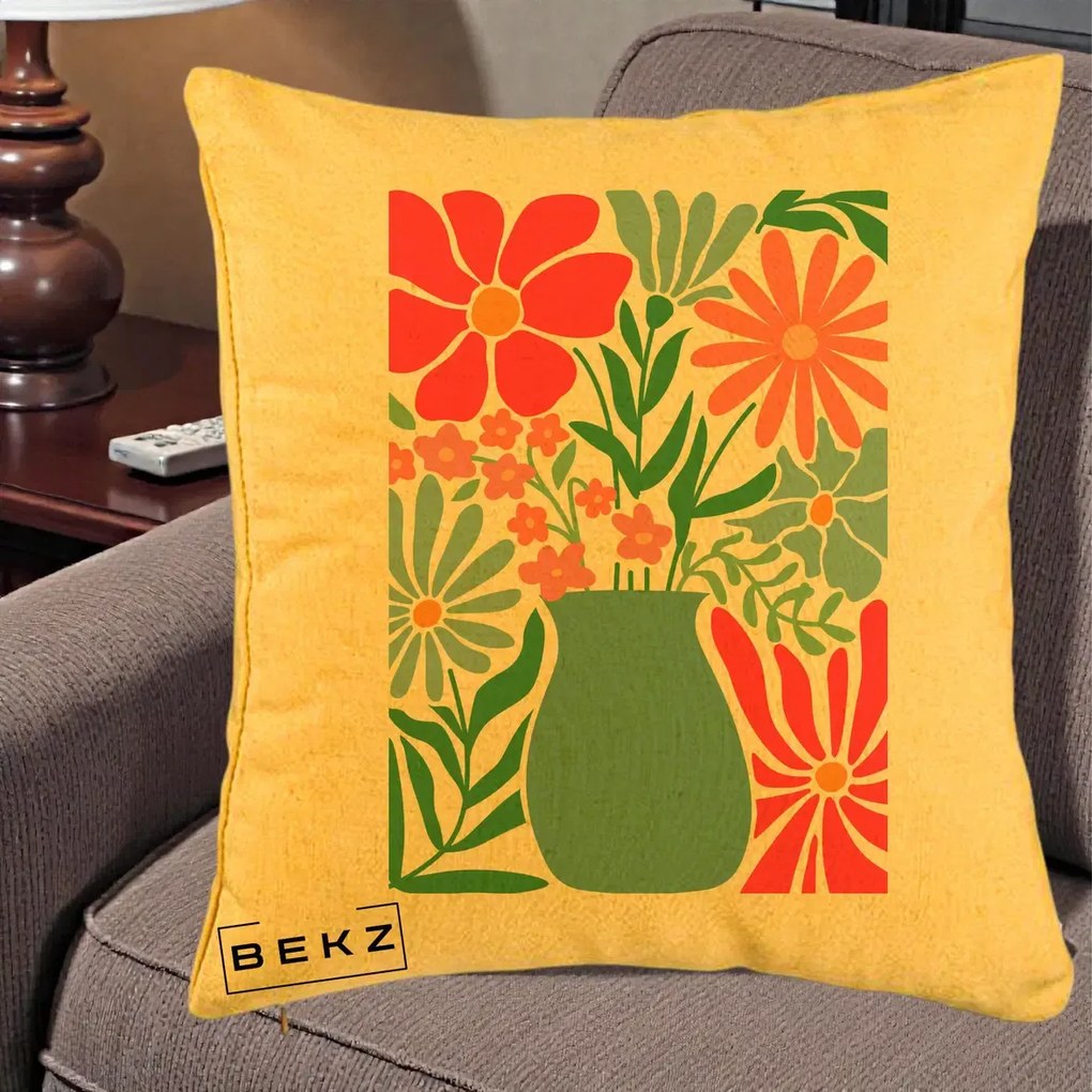 Perna Decorativa Flori in Vaza Turcoaz, 40x40 cm, Galben, Husa Detasabila, Perna Inclusa, BEKZ®
