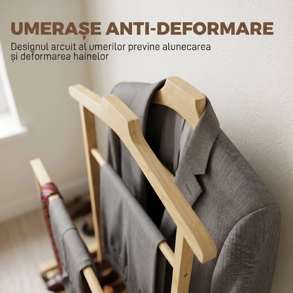 HOMCOM Suport de Haine din Bambus cu Roți, Umerașe, Bare, Tavă și Poliță, pentru Dormitor și Hol, Stejar | Aosom Romania