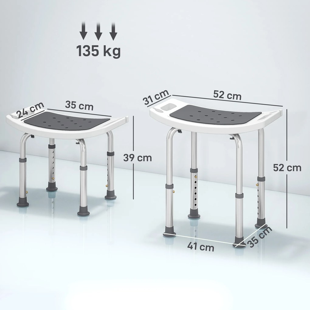 HOMCOM Scaun de Duș din Aluminiu și Plastic Antialunecare, Înălțime Reglabilă 6 Niveluri 39-52cm, Gri | Aosom Romania