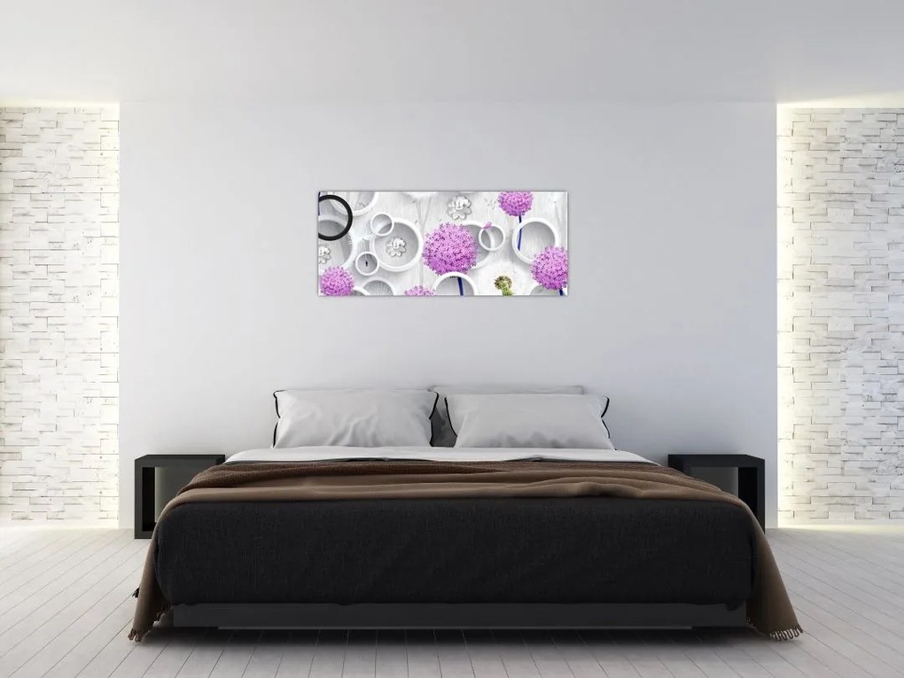 Tablou cu abstracție 3D cu cercuri și flori (120x50 cm)