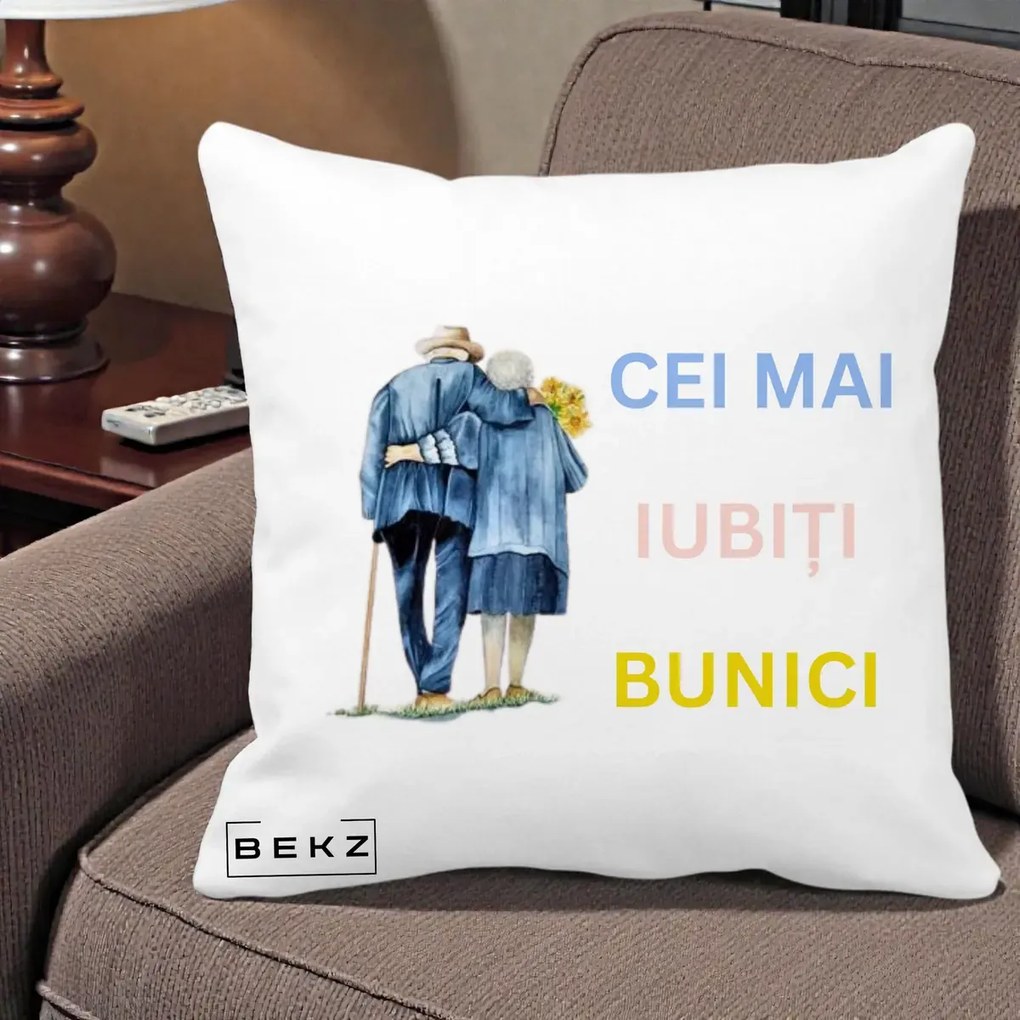 Cadou pentru Bunici - Perna Personalizata Cei Mai Iubiti Bunici Acuarela Spate, 40x40 cm, Alba Mata, Husa Detasabila, Perna Inclusa, BEKZ®