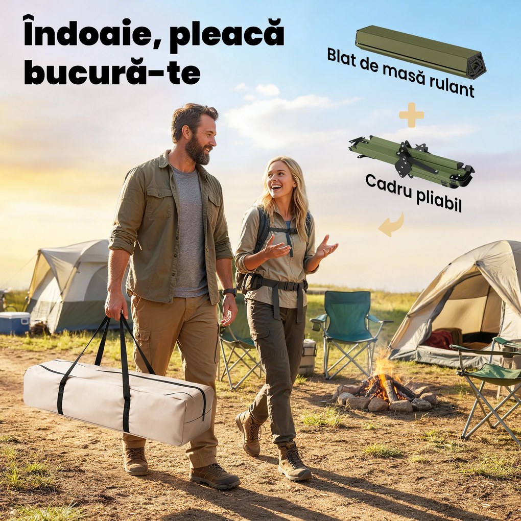 Outsunny Masă de Camping Pliabilă 116 cm, Masă de Picnic Impermeabilă cu Blat Rulabil și Cadru Metalic, Verde | Aosom Romania