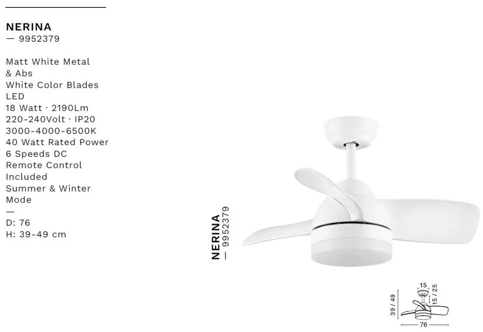 Lustra LED cu Ventilator si telecomanda NERINA alb