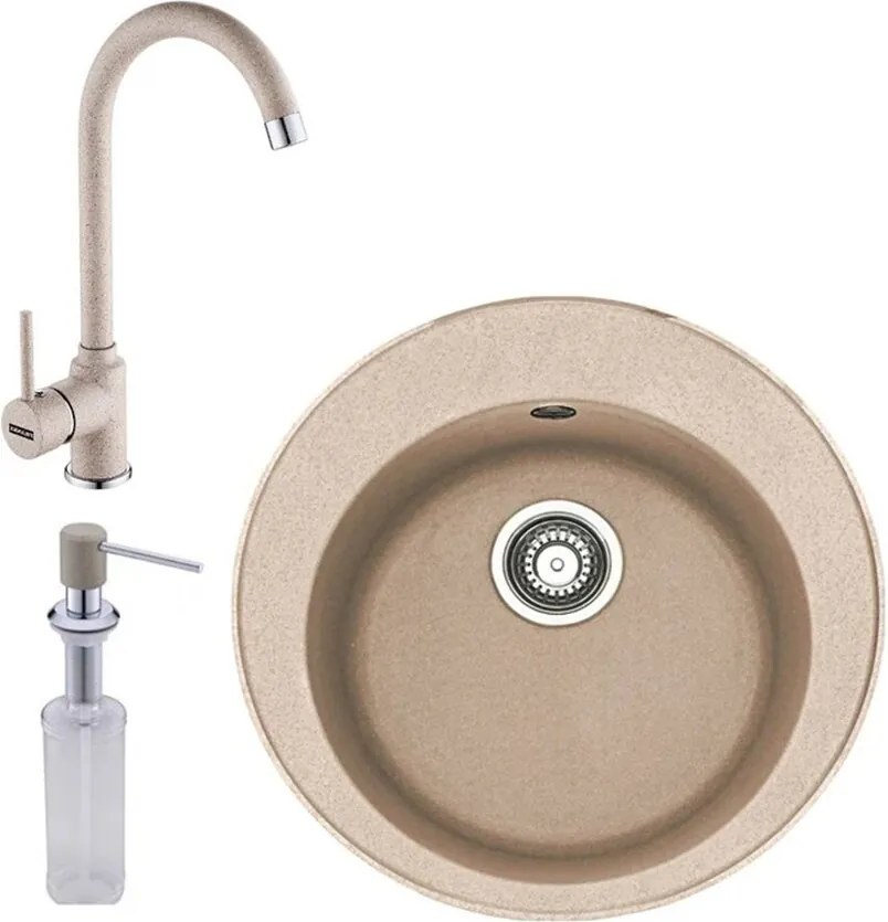 Set chiuveta bucatarie compozit Franke Rotondo Avena 51 cm finisaj bej mat cu dozator detergent si baterie Pola