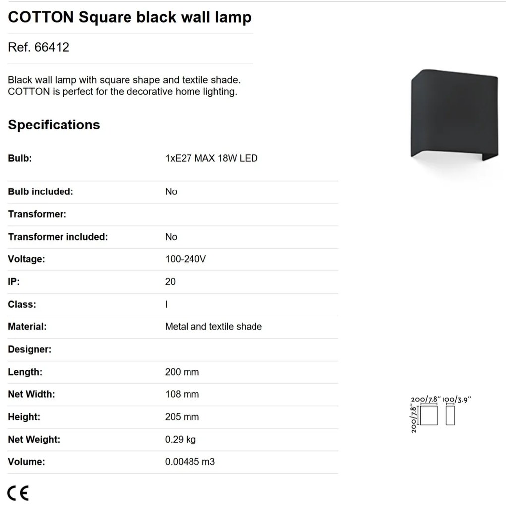 Aplica de perete ambientala design modern COTTON Square neagra