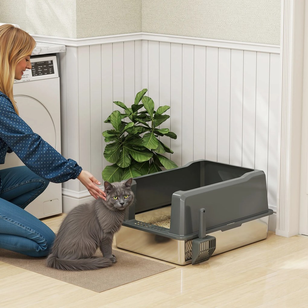 PawHut Lădiță de nisip pentru pisici din oțel inoxidabil 85L capacitate mare, toaletă semi-închisă, 71 x 50,8 x 35,5 cm gri | Aosom Romania