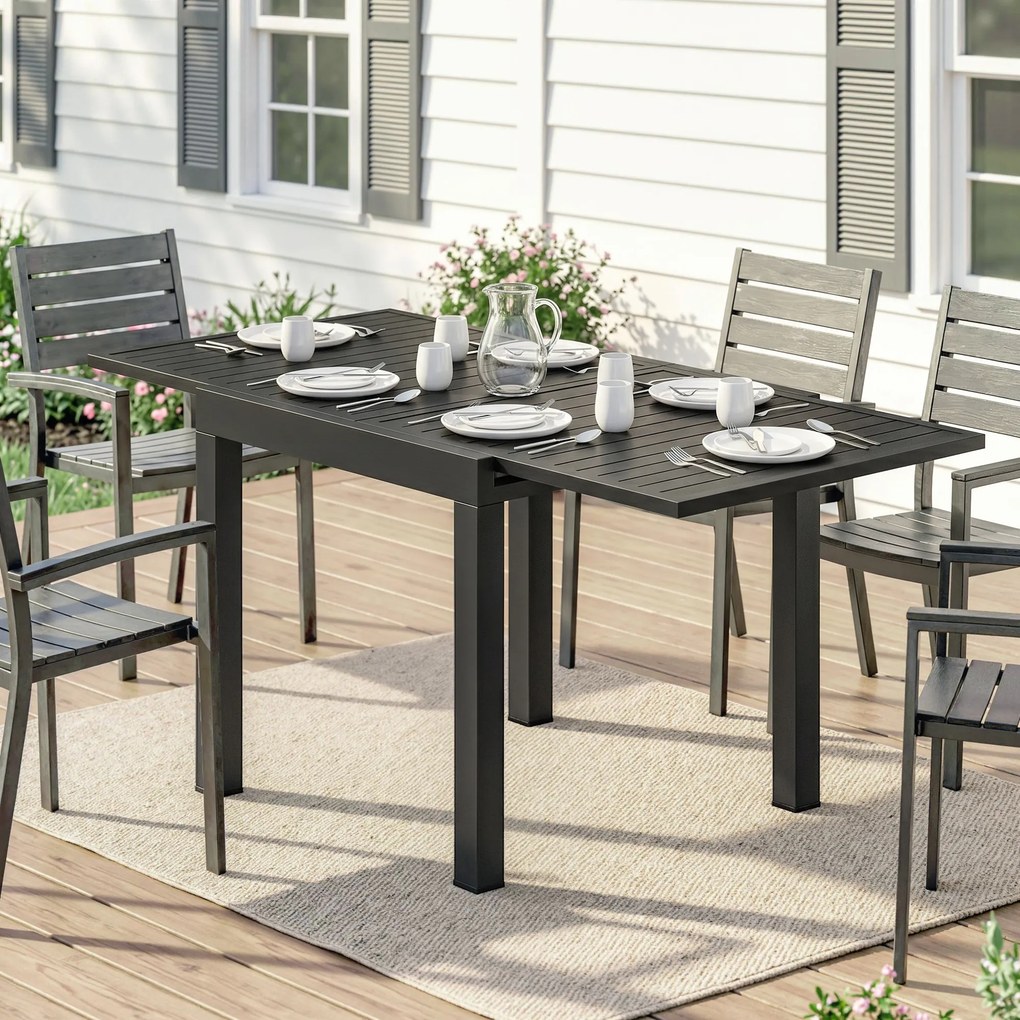 Outsunny Masă de Grădină Extensibilă pentru 4-6 Persoane 80/160x80 cm, Masă de Prânz pentru Exterior din Aluminiu cu Blat Lamelar, pentru Terasă, Balcon, Negru | Aosom Romania
