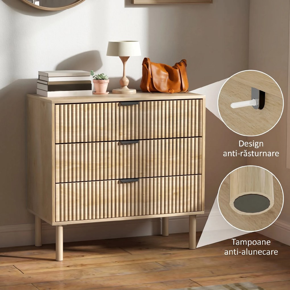 HOMCOM Comodă cu 3 Sertare, Picioare din Lemn Masiv și Design Canelat, 80x40x77,5 cm, Lemn Natural | Aosom Romania