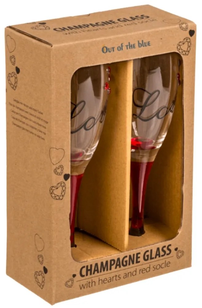 Set 2 pahare, de șampanie, cu inimioare, bază roșie, mesaj Love, 20 cm