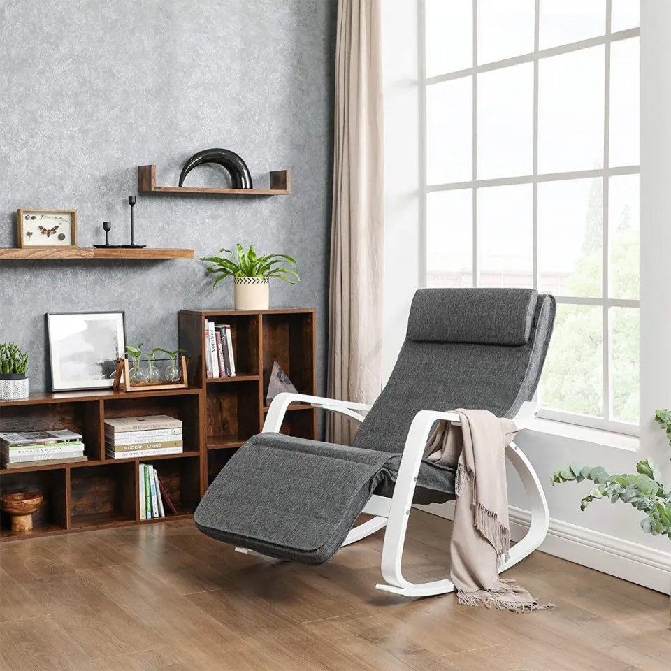 Fotoliu balansoar, lemn de mesteacan / textil, antracit / alb, Songmics
