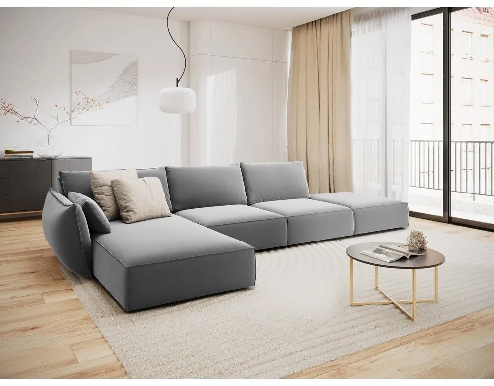 Colțar gri deschis cu tapițerie din catifea (cu colț pe partea stângă, cu șezlong) Vanda – Mazzini Sofas