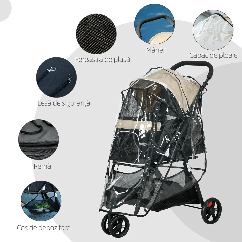 PawHut Cărucior pentru Câini cu 3 Roți, Cărucior Pliant cu Husă de Ploaie, Coș și Curea, 80,5x51,5x100 cm, Kaki | Aosom Romania