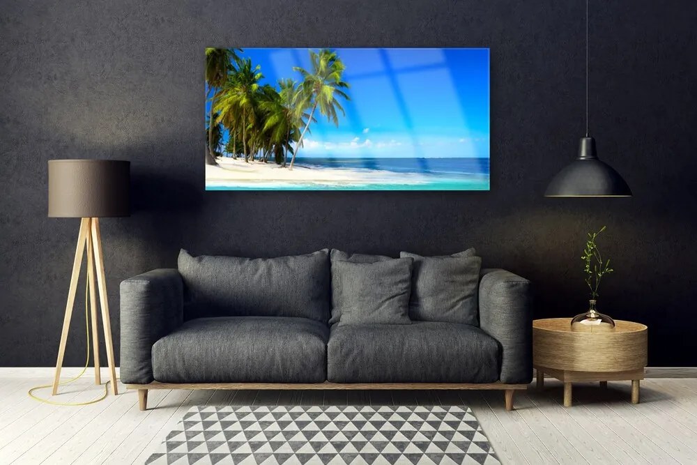 Tablouri acrilice Palm Trees Sea Beach Peisaj Alb Verde Albastru