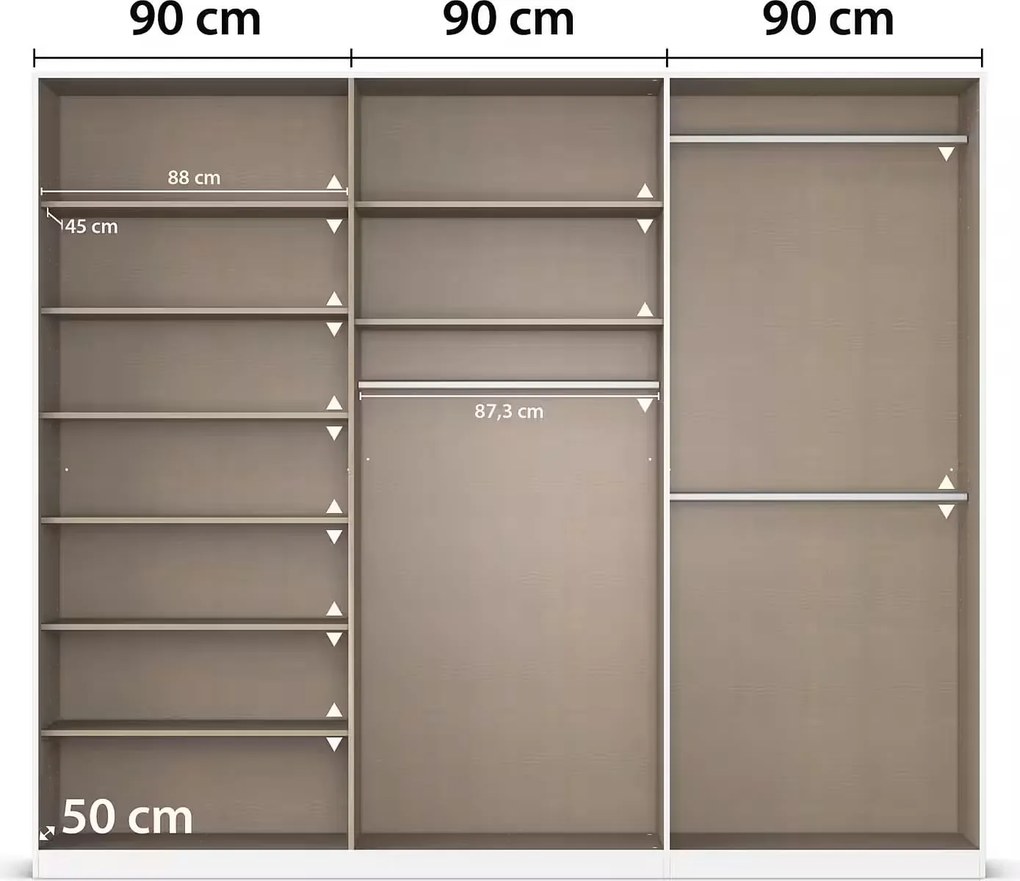 Dulap 271 cm lungime, 6 uși batante, oglindă pe mijloc, culoare albă, compartimentare premium, 229 cm înălțime