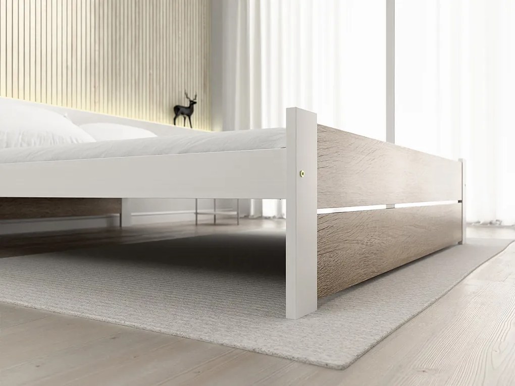 Pat dublu Culoare alb/stejar sonoma, IKAROS DOUBLE 160 x 200 cm Saltele: Cu saltele Deluxe 10 cm, Somiera pat: Cu lamele curbate