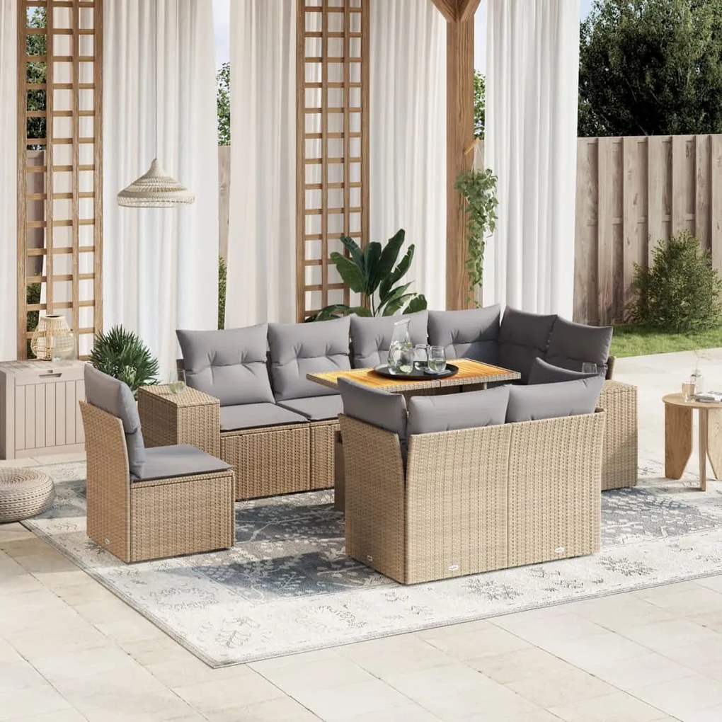 vidaXL Set canapele de grădină, 9 piese, cu perne, bej, poliratan