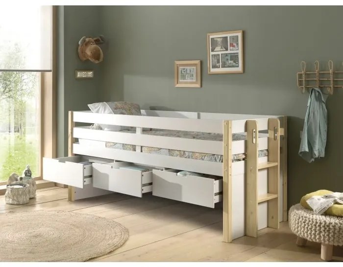 Pat pentru copii MARGRIT, 90 x 200 cm, alb cu tonuri naturale, cu 3 sertare pentru depozitare – Vipack