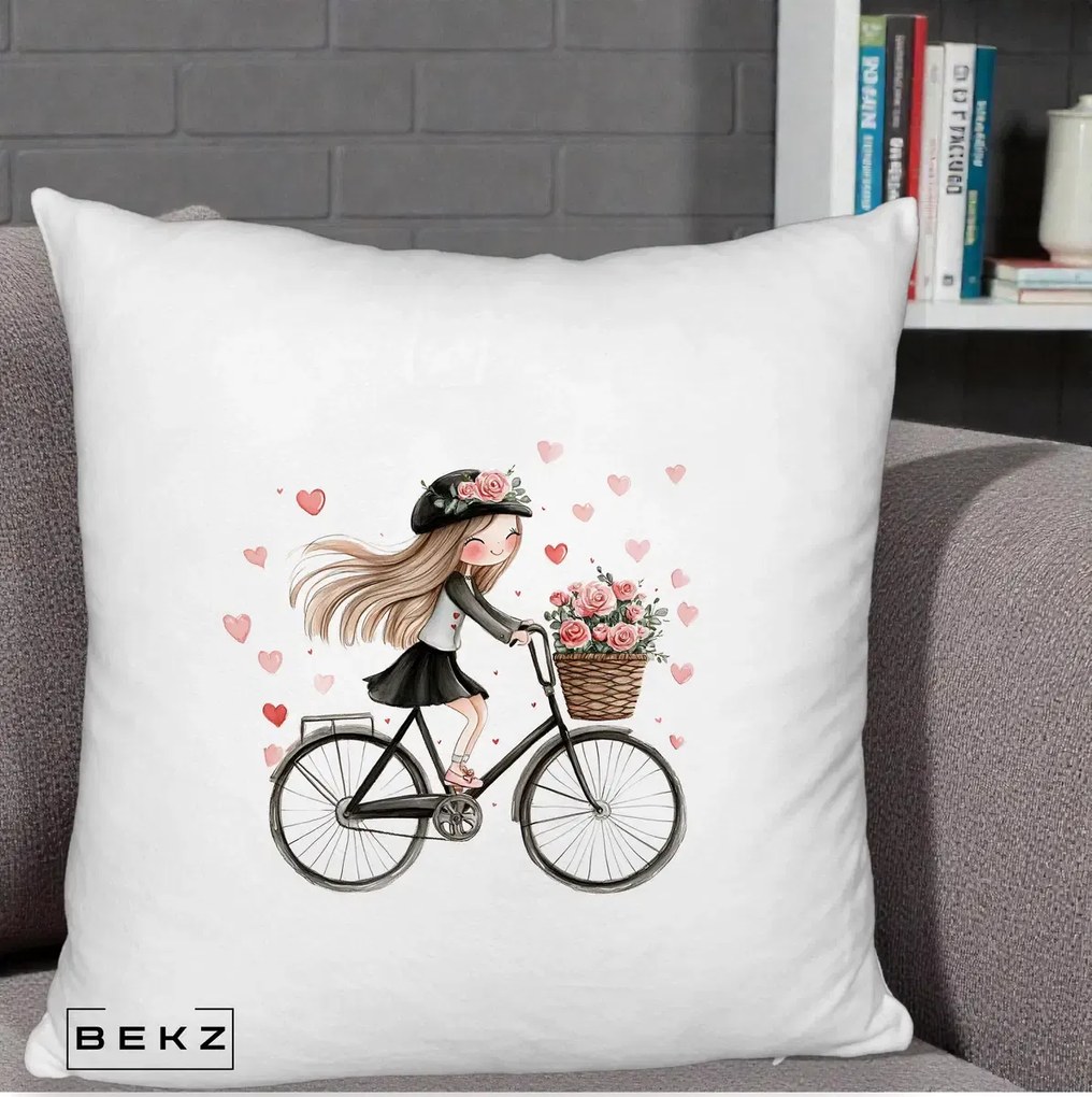 Perna Decorativa Fetita Kawaii pe Bicicleta cu Trandafiri si Inimioare, 40x40 cm, Alb Pufos, Husa Detasabila, Perna Inclusa, BEKZ®