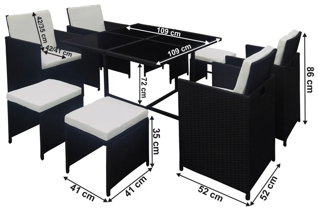 Set mobilier de gradina din rattan cu 9 piese, negru, KUBIKUS