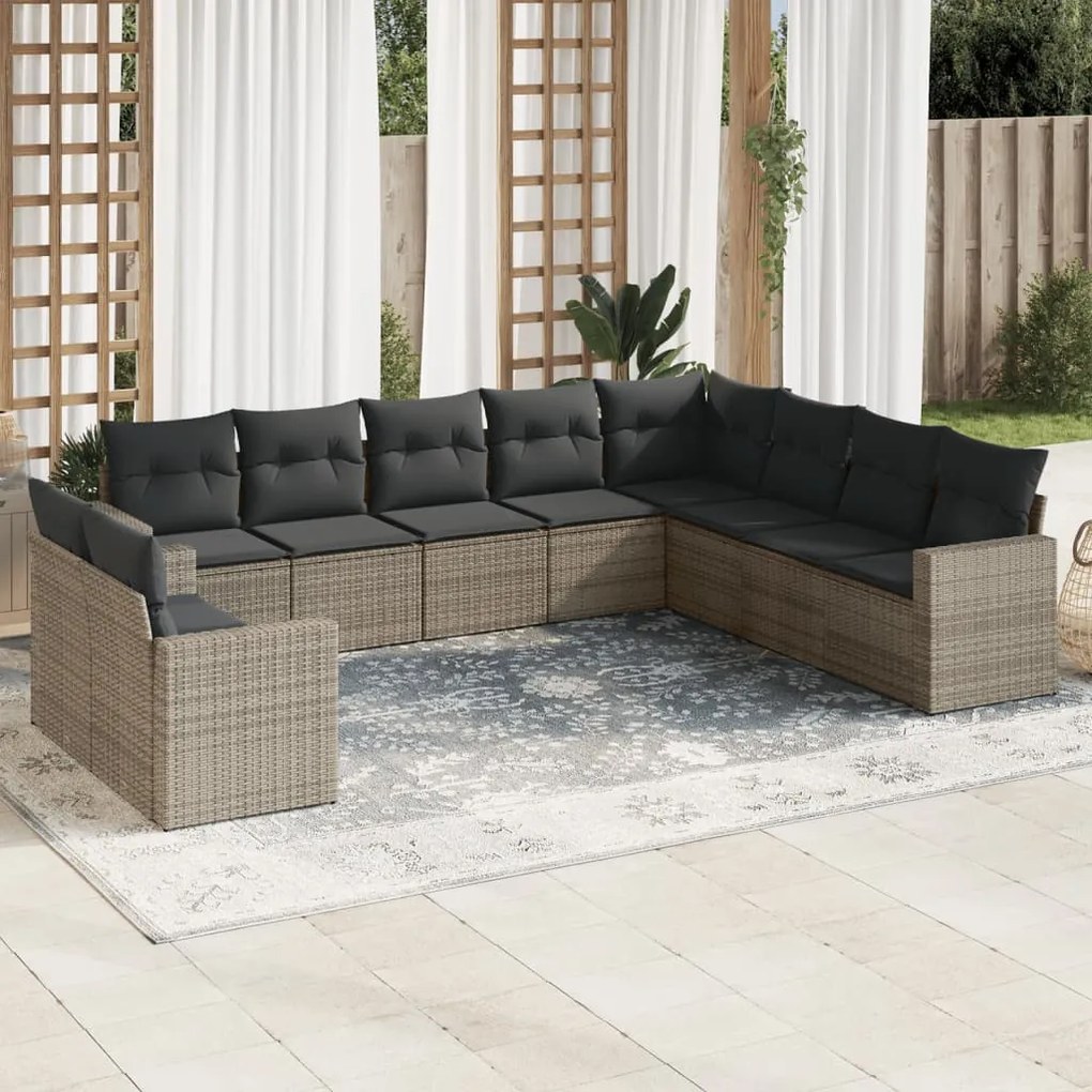 vidaXL Set mobilier de grădină cu perne, 10 piese, gri, poliratan