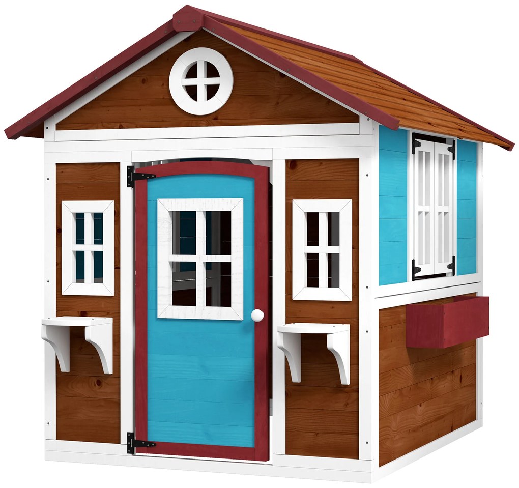 Outsunny Căsuță copii exterior casă de joacă exterioară cu ușă ferestre și jardiniere 114 x 126,4 x 135 cm Maro | Aosom Romania