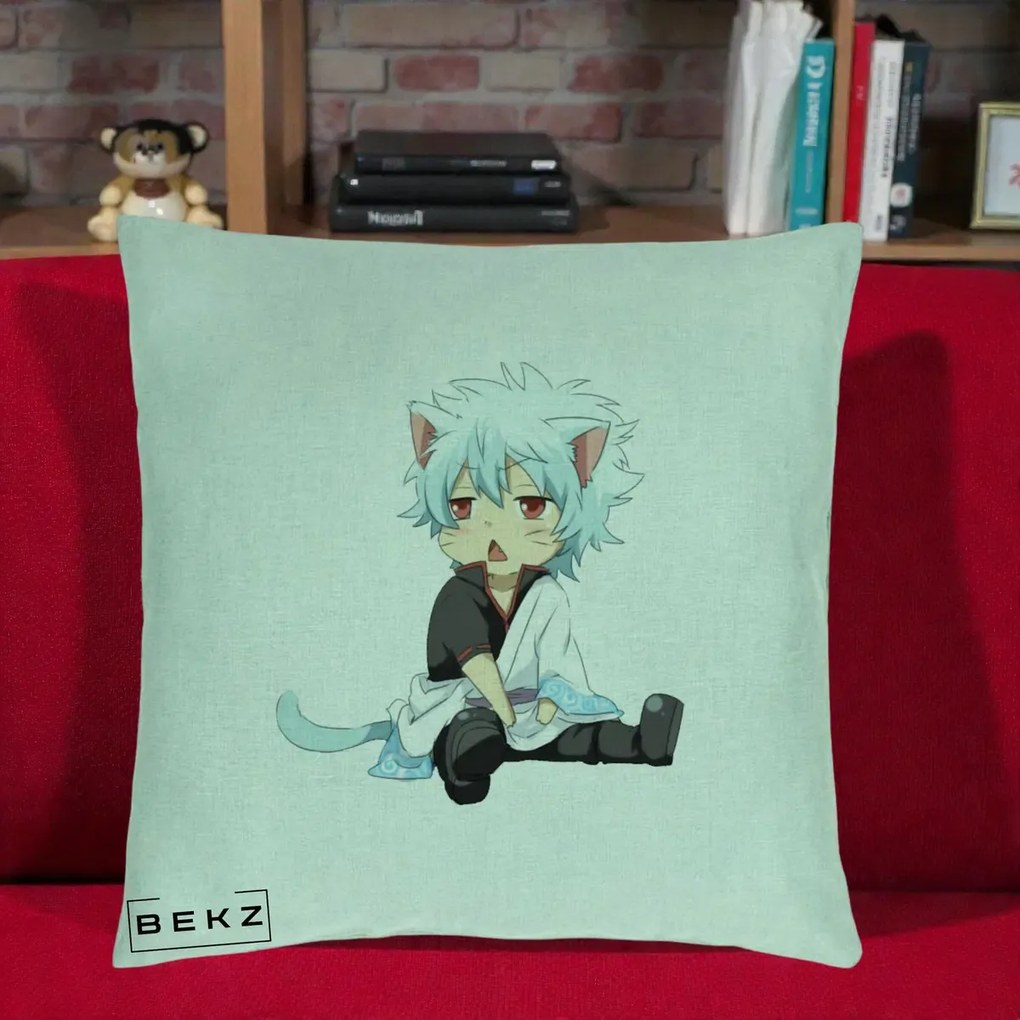 Perna Personalizata Gintama Gintoki Chibi Pisica, 40x40 cm, Verde Menta, Husa Detasabila, Perna Inclusa, BEKZ®