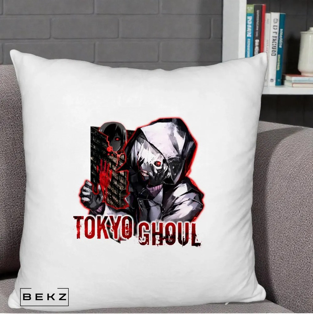 Perna Personalizata Tokyo Ghoul Ken Kaneki Anime, 40x40 cm, Alb Pufos, Husa Detasabila, Perna Inclusa, BEKZ®