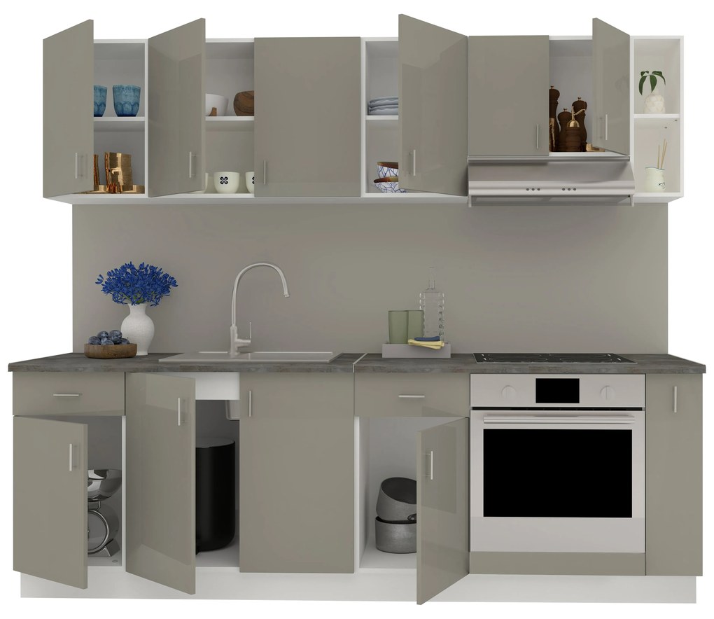Set Bucatarie Karo V17, Gri Lucios/Alb, MDF, Blat Thermo 28 mm, L 240 cm