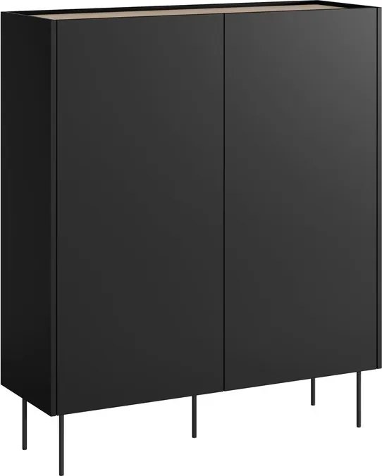 Comodă înaltă Desin 120 cm cu două uși și sertare ascunse - negru mat / stejar Nagano
