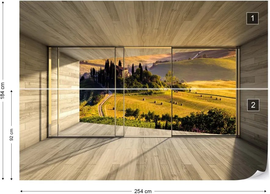 GLIX Fototapet - Tuscan Landscape 3D Modern Window View Vliesová tapeta  - 254x184 cm