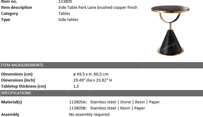 Masuta laterala design LUX Park Lane, cupru/ negru 113805 HZ