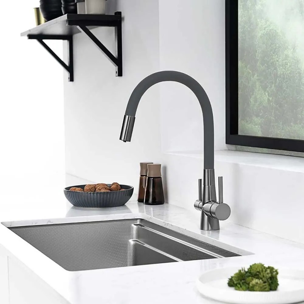 Baterie bucatarie cu pipa flexibila Inter Ceramic compatibila cu sistem filtrare apa Gun Grey