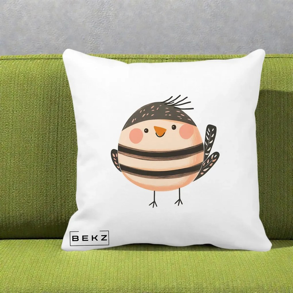 Perna Decorativa Pui Kawaii Bej-Negru Dungat, 40x40 cm, Alba Mata, Husa Detasabila, Perna Inclusa, BEKZ®