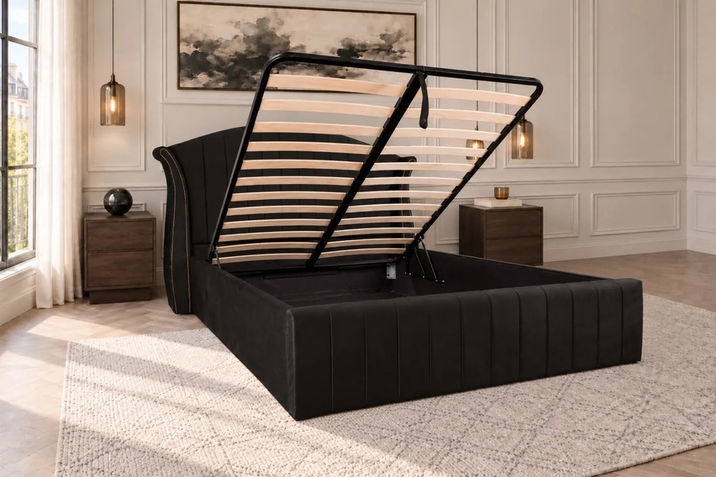 Pat tapițat din catifea Velluto Line 180×200 cm, negru, cu ladă de depozitare