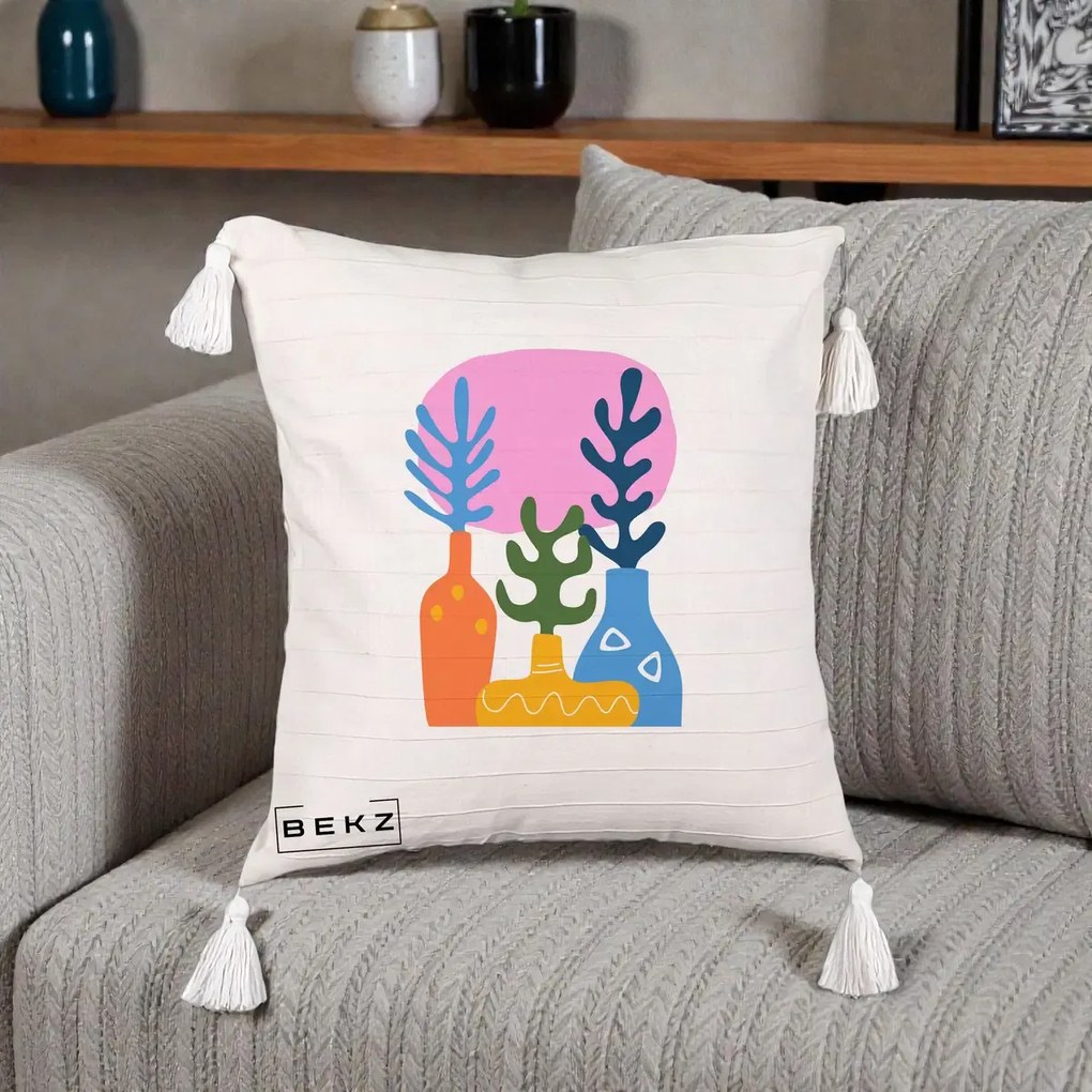 Perna Decorativa Vaze Botanice Abstract, 40x40 cm, Bej cu Franjuri, Husa Detasabila, Perna Inclusa, BEKZ®