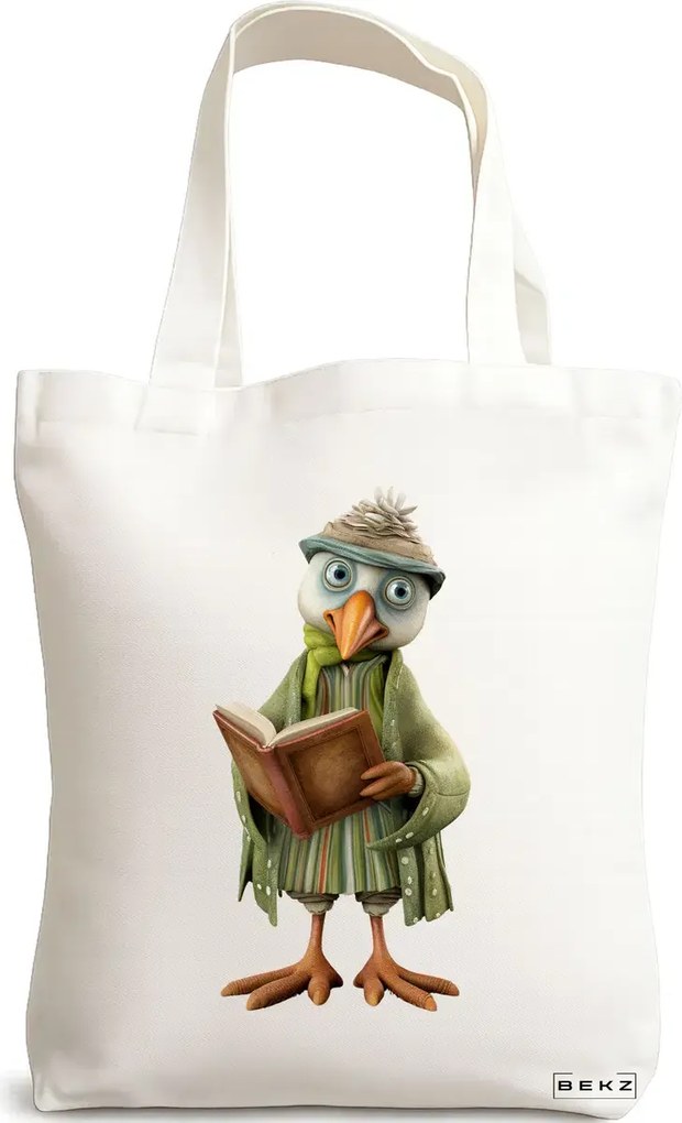 Sacosa de Panza pentru Cumparaturi, Geanta Tote, model Reading Birdie 3 38 x 34.5 cm, Alba, BEKZ®