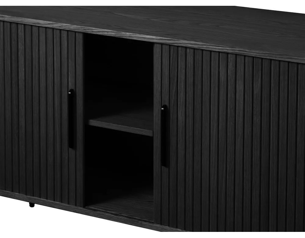 Comodă neagră joasă cu aspect de lemn de stejar cu ușă glisantă 76x180 cm Nola – Unique Furniture