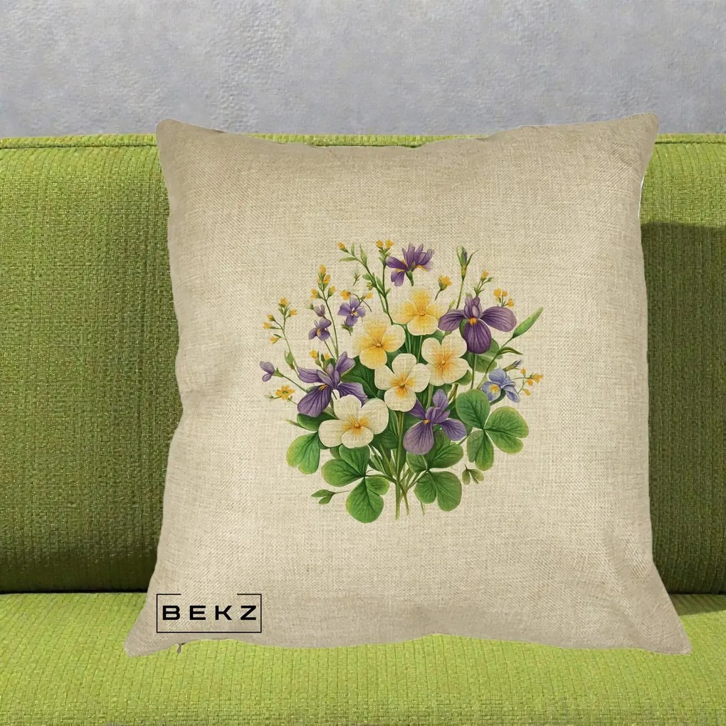 Perna Decorativa Viorele Iris Violet si Trifoi, 40x40 cm, Crem, Husa Detasabila, Perna Inclusa, BEKZ®