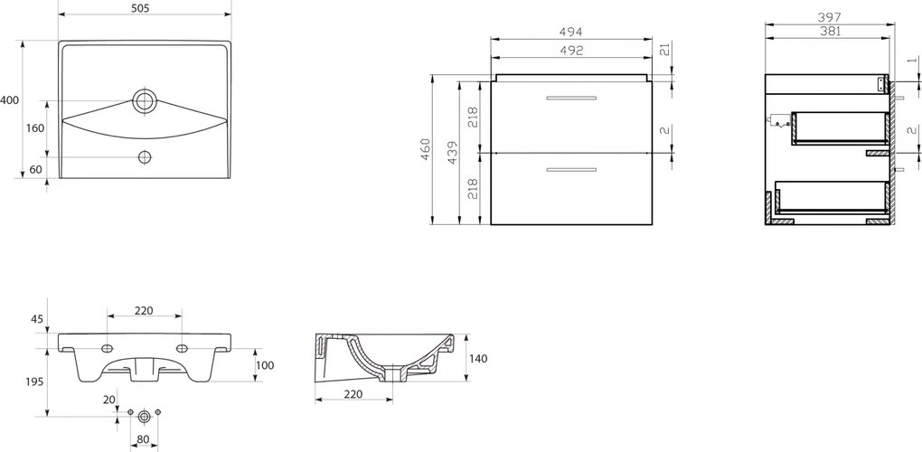 Set dulap baie suspendat 50 cm, 2 sertare, alb, cu lavoar inclus, Cersanit Lara