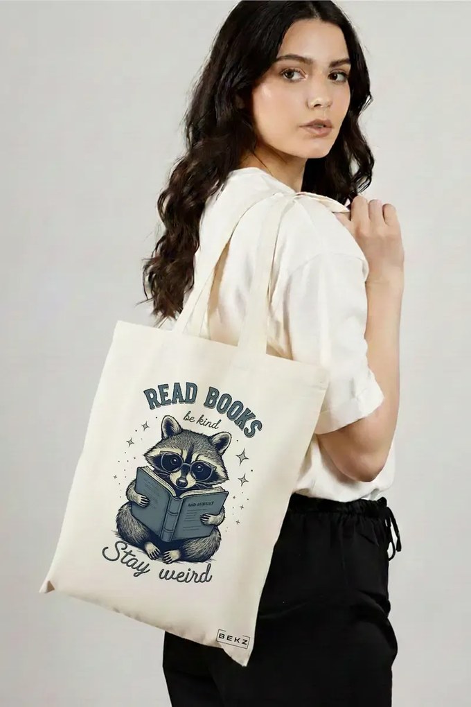 Sacosa de Panza pentru Cumparaturi, Geanta Tote, model Read books Be Kind Stay Weird 2 38 x 34.5 cm, Alba, BEKZ®