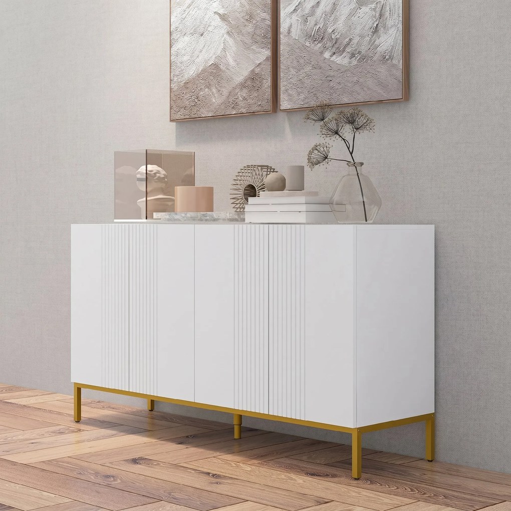 HOMCOM Bufet Modern pentru Living cu 4 Uși și Rafturi Reglabile, Închidere Moale, 140x40x75 cm, Alb | Aosom Romania